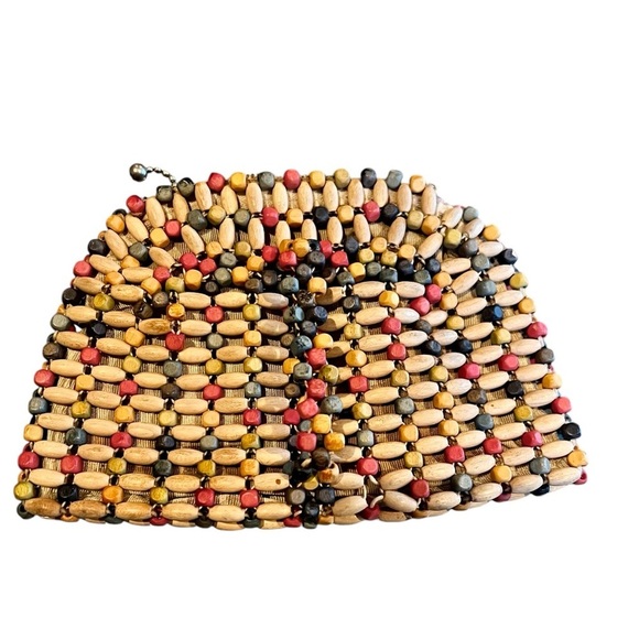 Vintage Wood Beaded Small Belt Bag 1930s 1940s Natural Boho - Picture 4 of 8